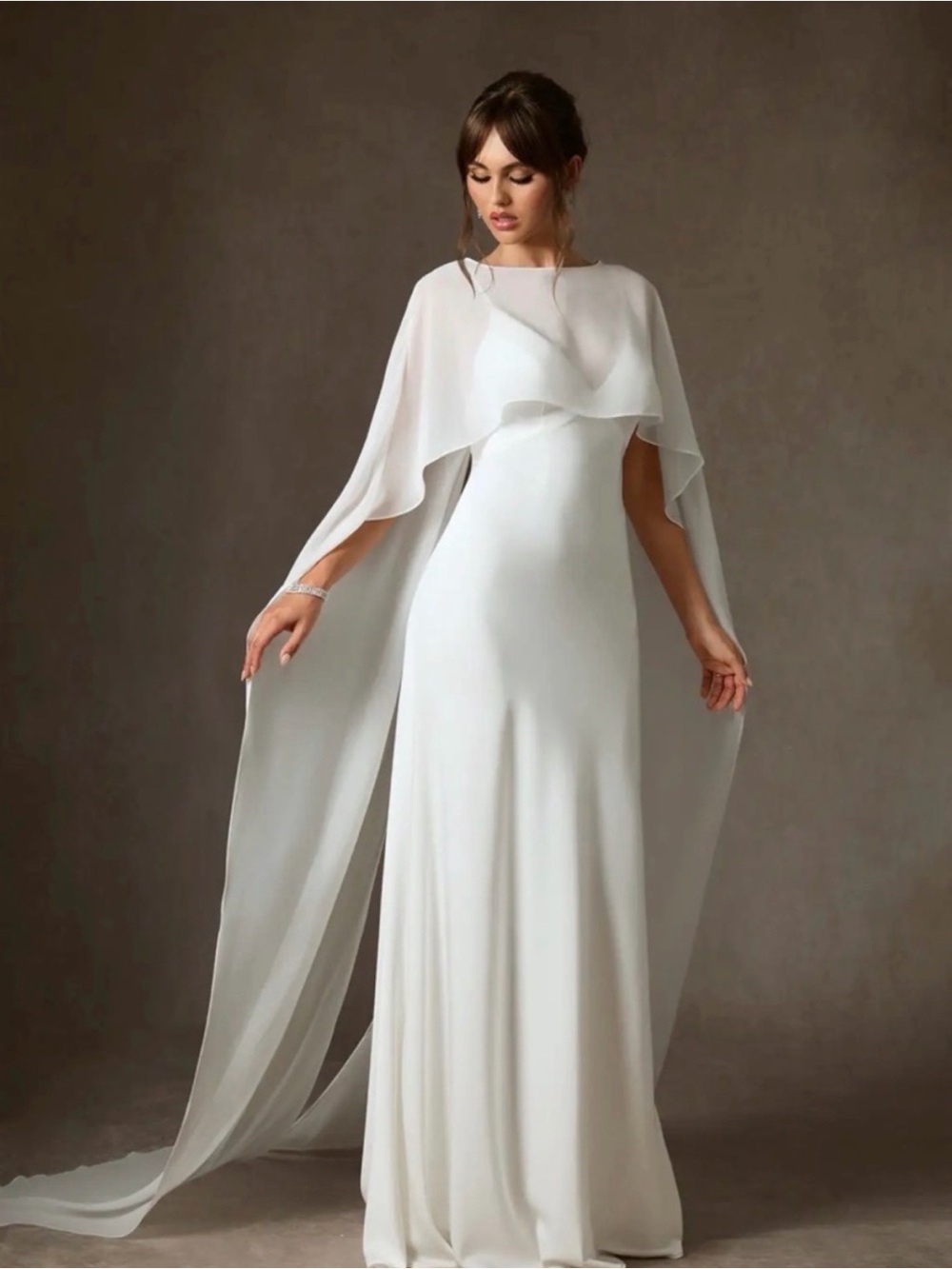Azazie White Cape-Back Maxi Gown- ‘Caity’